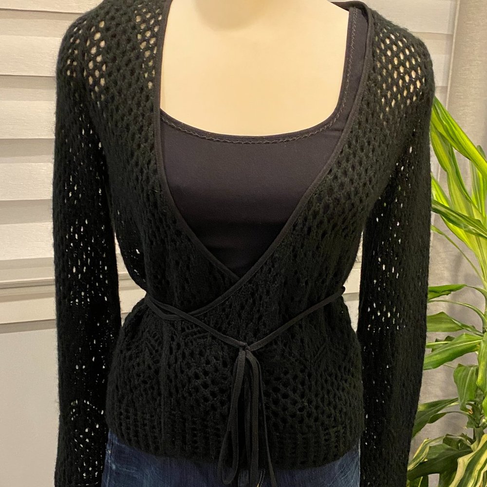 SISLEY Crocheted Open Knit Italian Wool Cardigan